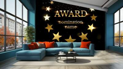 Winner nomination award with gold stars circle vector illustration. Luxury reward or certificate poster with golden falling glitter confetti decoration and glow light effect background. Wall mural