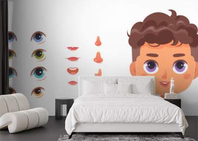 Boy face constructor vector illustration. Cartoon isolated portrait of male character with curly brown hair and kit for face construction game with different eyes, noses, open and closed mouth Wall mural