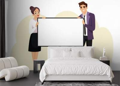 Business man and woman holding blank banner. Professional people with white announcement board. Poster in hands, copy space vector illustration Wall mural