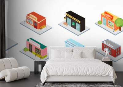 City buildings set 3d vector illustration. Isometric colorful cityscape isolated on white background. Collection of different offices included bank, bakery, pharmacy, post office, grocery and cafe Wall mural