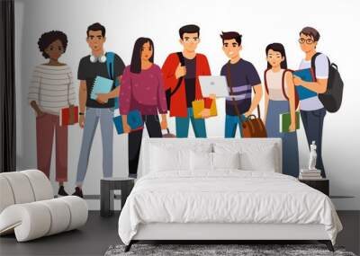 College or university students group. Young happy people standing isolated on white background. Higher academic education vector illustration. Diverse multicultural meeting Wall mural