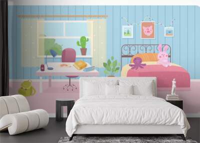 Cute bedroom of girl, pink blue interior of room with home furniture, decors and window Wall mural