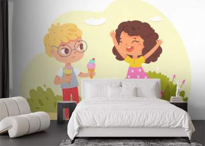 Cute kids eat sweet food, two friends in park, boy holding ice cream to share with girl Wall mural