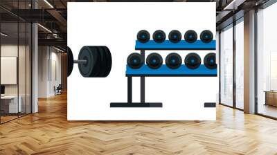 Dumbbells rack illustration. Weight lifting zone equipment vector drawing. Fitness club, bodybuilding gym. Barbells set for biceps muscles training. Heavy athletics workout, weightlifting. Wall mural