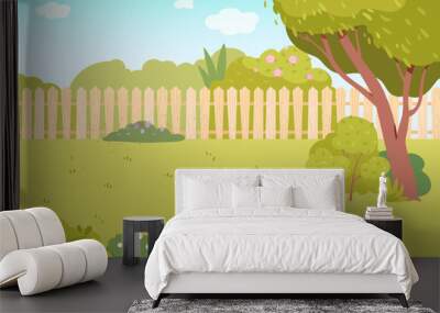 Garden backyard cartoon vector illustration. House yard with fence, green grass lawn, trees, flowers and bushes. Outdoor patio for BBQ parties. Summer and spring landscape Wall mural