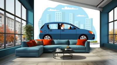 Man driving car on road. Business person riding vehicle. Transportation and travel in modern city vector illustration. Side view, background with buildings and sky with clouds Wall mural