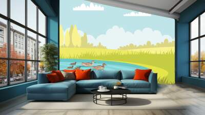 Wild ducks swim in pond flat vector illustration Wall mural