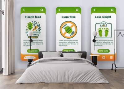 Diet and health lifestyle on mobile app onboarding screens. Line icons, health food, sugar free, lose weight. Wall mural