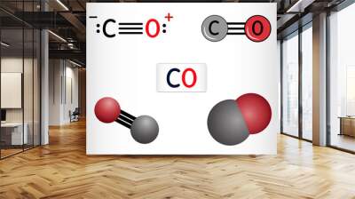 Carbon monoxide, CO molecule. Сarbon and oxygen atoms are connected by a triple bond. Structural chemical formula and molecule model Wall mural