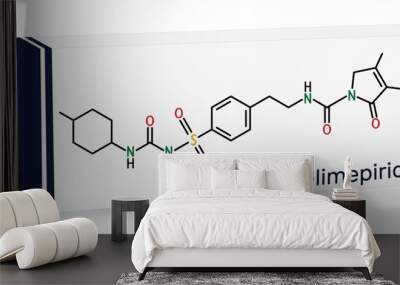 Glimepiride molecule. It is sulfonylurea drug used to treat type 2 diabetes. Skeletal chemical formula. Paper packaging for drugs. Vector Wall mural