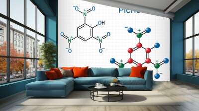 Picric acid ( 2,4,6-trinitrophenol, TNP, C6H3N3O7) molecule. It has a role as an explosive, an antiseptic drug. Structural chemical formula and molecule model. Sheet of paper in a cage Wall mural