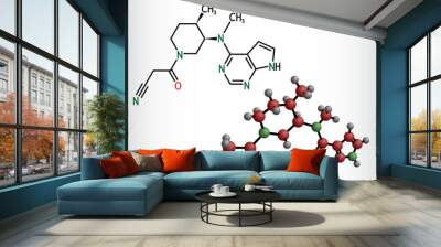 Tofacitinib drug molecule. It is used to treat rheumatic arthritis RA, psoriatic arthritis PsA. Structural chemical formula, molecule model. Vector Wall mural