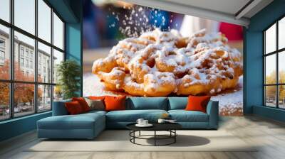 Sweet fried funnel cake fried dough with powdered sugar on a wooden background. Street food. Wall mural