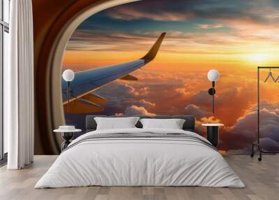 Wing of an airplane flying above the clouds at sunset, view from the window. Travel content. Generative AI. Wall mural