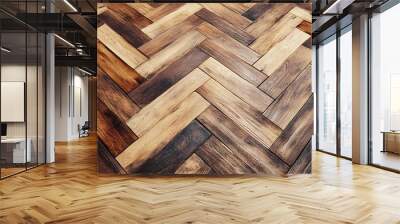 A close-up view of a wooden floor with a herringbone pattern showcasing various shades of brown. Wall mural