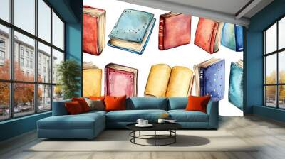 A collection of colorful illustrated books in various orientations. Wall mural