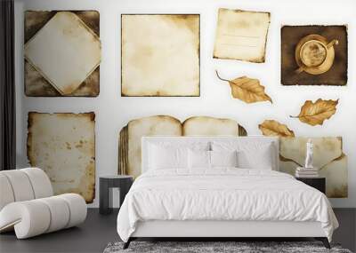 A collection of vintage paper elements, including leaves, a cup, and an open book for creative design use. Wall mural