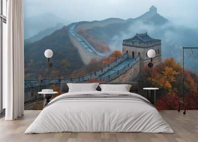 A misty view of the Great Wall of China surrounded by autumn foliage. Wall mural