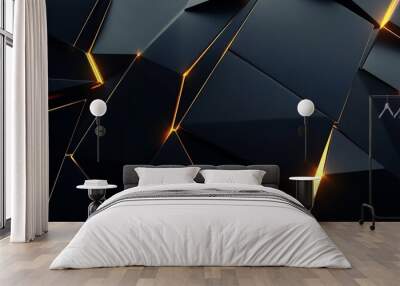 A sleek, abstract background featuring dark geometric shapes with glowing edges. Wall mural