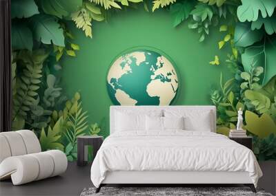 A stylized globe surrounded by vibrant green foliage, symbolizing environmental awareness and nature. Wall mural