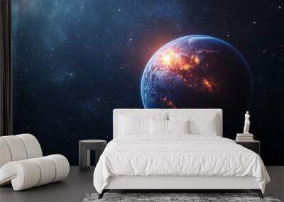 A vibrant planet in space, showcasing fiery activity and cosmic surroundings. Wall mural