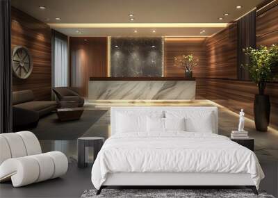 Modern reception area with elegant decor, featuring marble flooring and wooden accents. Wall mural