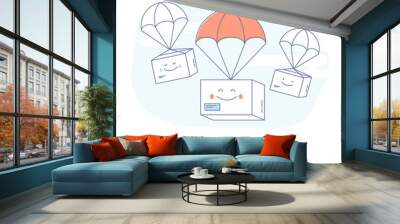 Flat line icon concept of Fast Delivery Service, Parcels Delivery. Happy cute Packages are flying on parachutes. E-Commerce template Wall mural