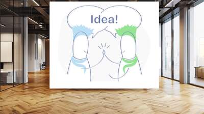 Idea, Solution, Great Decision, New Idea Generation. Two cute cartoon characters clap each other's hands, above the heads is a bulb with Idea. Success, Decision, Teamwork concept. Wall mural