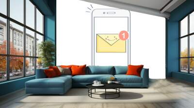 New email, mail notification on mobile phone display. Smartphone screen with new unread e-mail message, yellow funny envelope with face, inbox mail concept. Wall mural