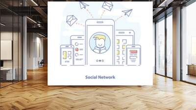 Social Media Network or Mobile Marketing Illustration. Flat line vector concept. Mobile phones, tablets and flying messages. Wall mural