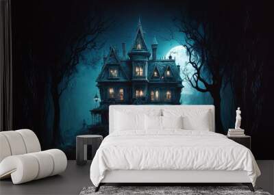 Creepy Haunted House at Night, Halloween Background, Concept Art, Digital Illustration, Generative AI Wall mural