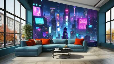 Cyberpunk Girl, Anime, Character Design, Concept Art, Beautiful Girl, Generative AI Wall mural