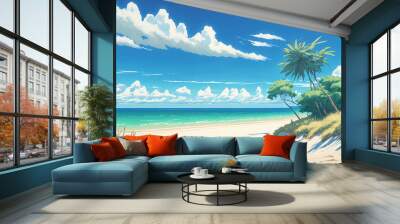 Deserted Anime Tropical Beach Background, Abstract Art, Digital Illustration, Generative AI Wall mural