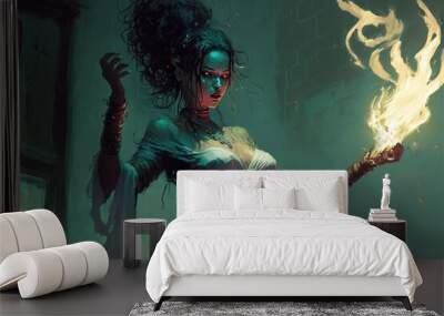 Evil Fantasy Priestess, Casting Magic, Ritual, Character Concept, Digital Illustration, Generative AI Wall mural