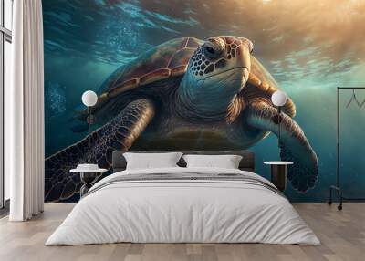 Sea turtle swimming in the Ocean, Digital Illustration, Concept Art, Generative AI Wall mural