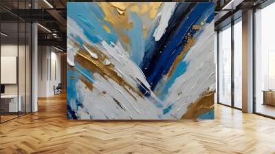 Closeup of abstract rough blue white gold art painting texture, with oil brushstroke, pallet knife paint on canvas background banner panorama long Wall mural