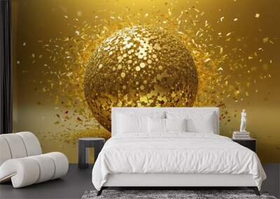 Abstract 3d render of golden sphere with confetti on colorful background Wall mural