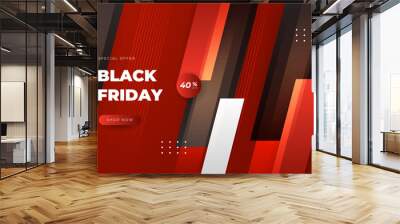 Black Friday Sale Poster. Seasonal discount banner with balloons and red grunge frame on black background. Holiday design template for advertising shopping, closeout on thanksgiving day Wall mural