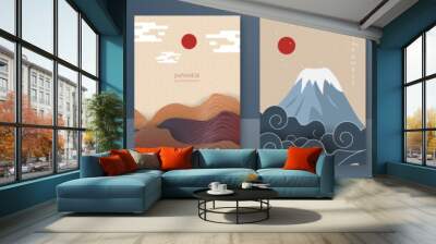 Japanese background with line wave pattern vector. Abstract template with geometric pattern. Mountain layout design in oriental style. Vector graphic design banner pattern background web template. Wall mural