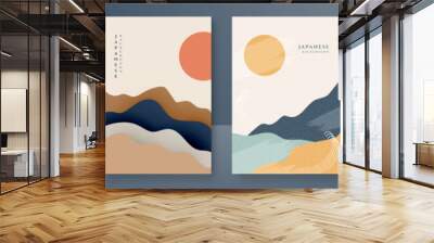 Japanese background with line wave pattern vector. Abstract template with geometric pattern. Mountain layout design in oriental style. Wall mural