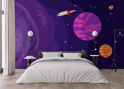 vector hand drawn galaxy background with planet star and asteroids Wall mural