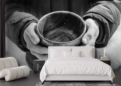 Men hand holding empty wooden bowl. Black and white. Wall mural