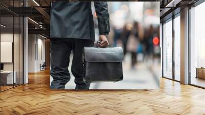 Closeup rearview of a businessman wearing an elegant suit, holding or carrying a black leather briefcase or a bag with equipment for an office job, walking on a city street outdoors Wall mural