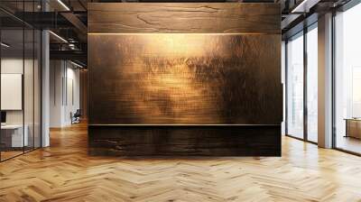 Dark wood grain background with a shiny gold metal plate Wall mural