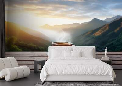 A cup of hot morning coffee with steam on a wooden table against a background of sunrise scene in the mountains. Wide scale panoramic image created by Generative AI Wall mural