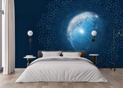 Abstract Blue Minimal Style Cloud Computing, Networks Structure, Telecommunications Concept Design, Network Connections, Transparent Geometric Mesh, Wire Frame and Earth Globe - Vector Illustration Wall mural