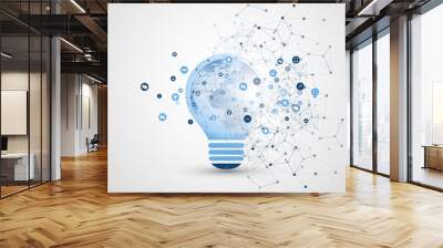 Abstract Electricity, Cloud Computing and Global Network Connections Concept Design with Earth Globe Inside a Lightbulb, Transparent Geometric Mesh - Illustration in Editable Vector Format Wall mural