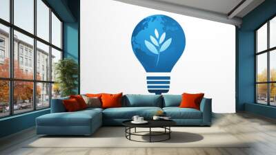 Blue Eco Energy Concept Icon Design - White Leaves and Earth Globe  Inside of a Light Bulb Wall mural