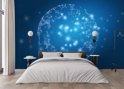 Blue Futuristic Global Networks Concept with Globe - Abstract Polygonal Digital Connections and Glowing Network Nodes - Future Technology Background, Creative Design Template Wall mural