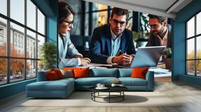 Business consulting, collaboration, business people in suits working in an office, sitting at a table, using mobile devices, talking about analytics, diagrams, charts. Teamwork concept. Wall mural